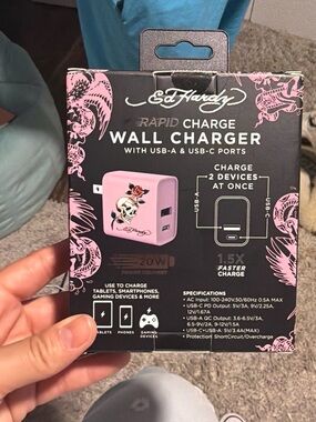 Ed Hardy Pink Dual-Port Rapid Charge Wall Charger with Skull & Rose Art
